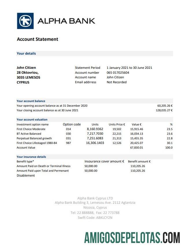 Extrato bancário Chipre Alpha para impressão, modelo fácil de preencher em formato Excel e PDF